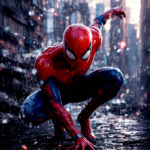 Spider-Man Crouching in Street, Rainy Night