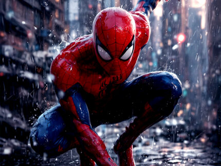 Spider-Man Crouching in Street, Rainy Night