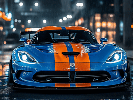 Blue & Orange Dodge Viper – Rainy Night Street Poster