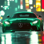 Green Mercedes-AMG GT in Neon Rain – Cyberpunk Supercar Wall Art Poster