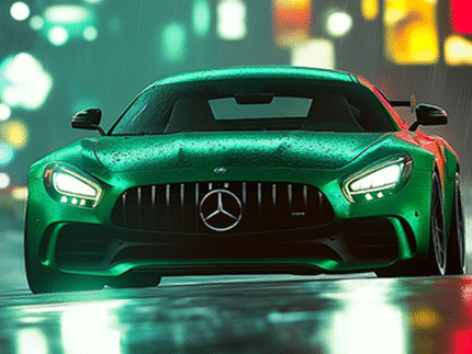 Green Mercedes-AMG GT in Neon Rain – Cyberpunk Supercar Wall Art Poster