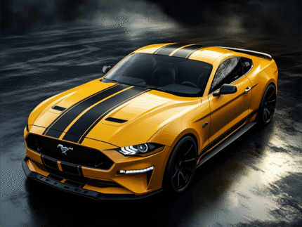 Yellow Mustang Reflection – Wet Asphalt Storm Poster