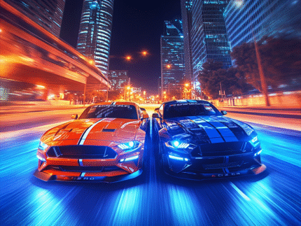 Dual Mustangs Night Race – Red vs Blue Muscle Car Poster