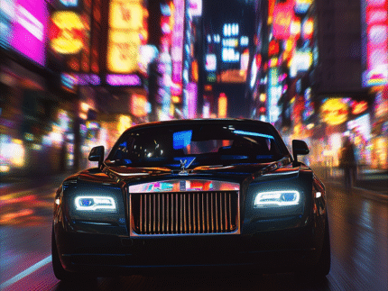 Neon Royalty – Rolls-Royce Front View City Poster Wall Art