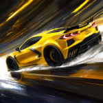 Yellow Corvette Turbo Drift – Supercar Motion Poster Wall Art