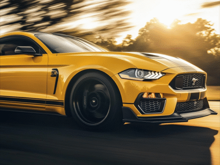 Yellow Mustang Rear View – Sunset Speed Poster Print
